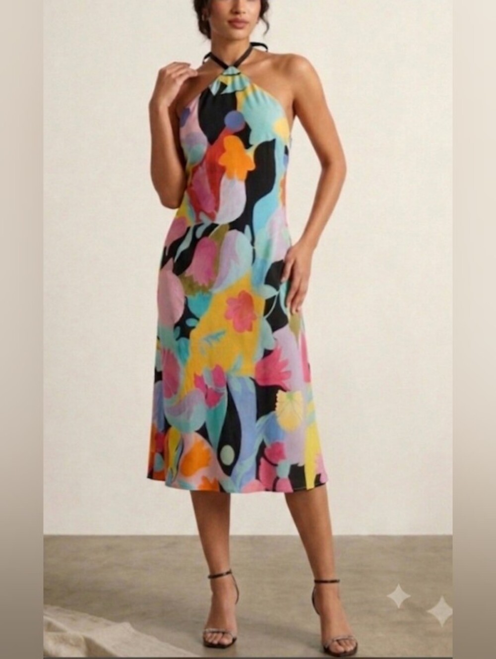 RIXO Hayley Vibrant Floral Halter Midi Dress - Size S